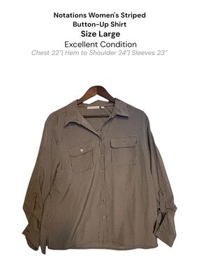 Notations Striped Button Down Shirt Roll Tab Sleeves Lightweight Size Large